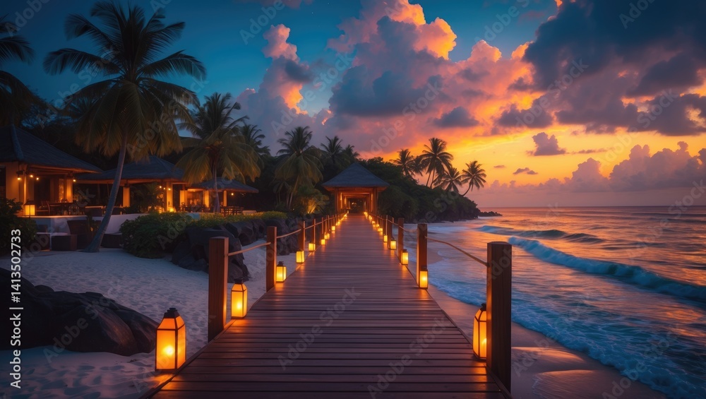 Obraz premium Breathtaking sunset vista. Luxury villas by the sea featuring soft LED lights under a kaleidoscopic sky. Stunning twilight sky with colorful cloud formations. Ideal beach ambiance for a vacation