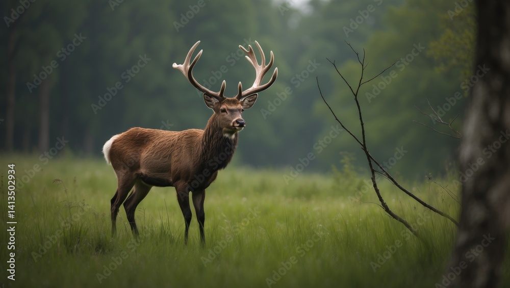 Fototapeta premium After rubbing their antlers on branches, red deer (Cervus elaphus) lose velvet, set against a forest background.