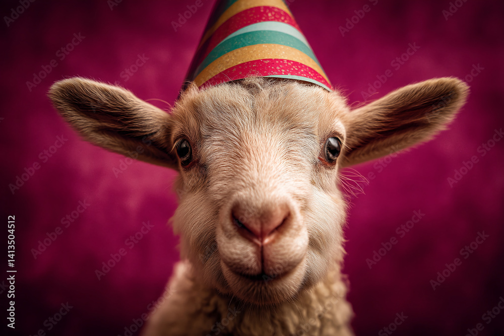 Fototapeta premium Close-up of lamb wearing striped party hat against crimson background, showcasing playful and festive mood, perfect for celebratory themes