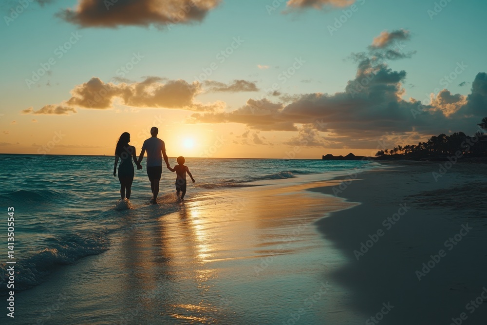 Fototapeta premium silhouette of family walking on the beach at sunset Generative AI