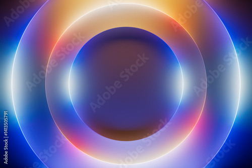 Abstract colorful background in blue and orange neon colors with iridescent gradients and glowing rings. Perfect for website design, advertising, app interfaces, ads, social media and presentations