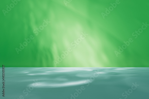 Studio background for display product. Empty room with shadows, caustics and soft lighting for product presentation. Minimalistic showcase for advertisement with green wall and turquoise floor.
