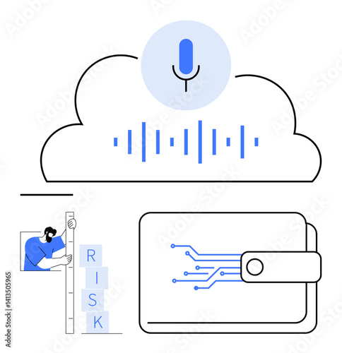 Microphone icon within a cloud symbolizes voice recognition technology. Man balancing blocks labeled RISK, digital wallet with circuitry detail. Ideal for technology, security, finance