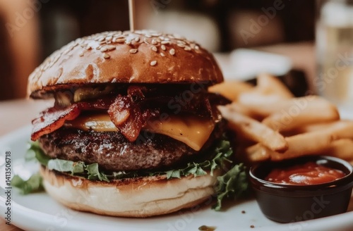 Delicious burger and fries photo