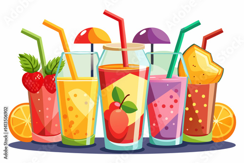 vector of Set of fruit smoothies with orange juice drink straws in a cup isolated on white