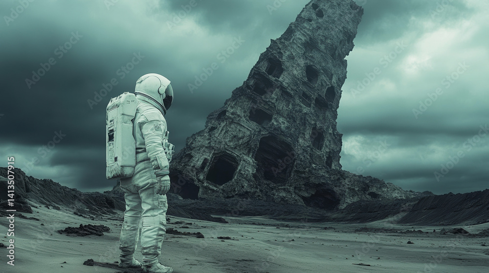 Astronaut exploring alien landscape with towering rock formation in moody sky