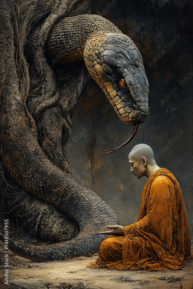 Buddhist monk meditating under giant serpent in mystical woodland setting with dramatic lighting