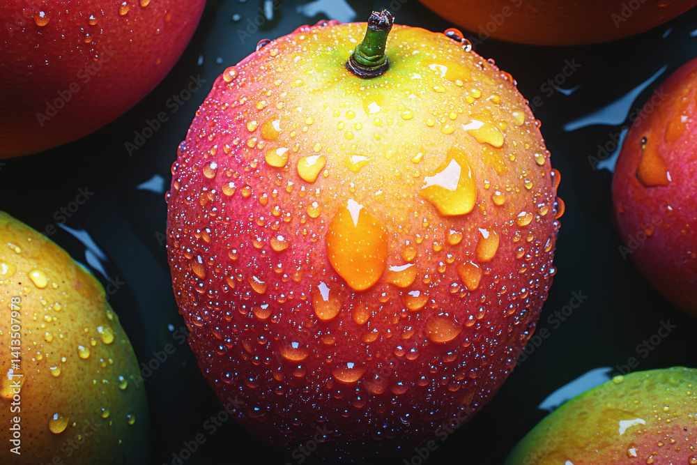 Close-up of fresh ripe mango with water droplets on vibrant skin in dramatic lighting