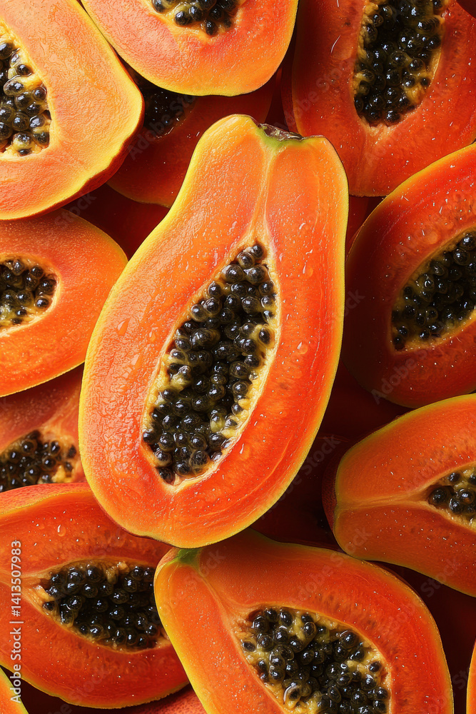 Freshly sliced papaya halves displaying juicy orange flesh and black seeds