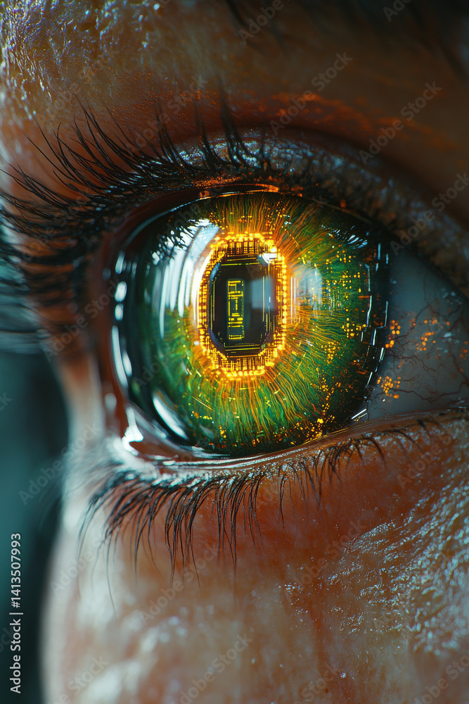Futuristic cybernetic human eye with integrated circuitry reflecting advanced technology