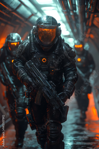 Futuristic soldiers in high-tech armor with helmets and weapons in sci-fi corridor environment