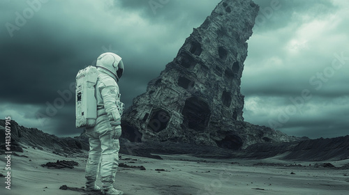 Obraz na płótnie Astronaut exploring alien landscape with towering rock formation in moody sky w salonie