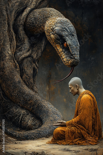 Obraz na płótnie Buddhist monk meditating under giant serpent in mystical woodland setting with dramatic lighting w salonie