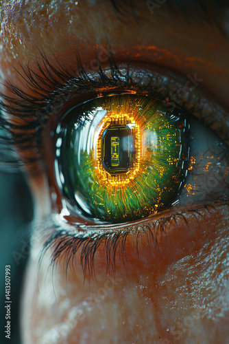 Obraz na płótnie Futuristic cybernetic human eye with integrated circuitry reflecting advanced technology w salonie