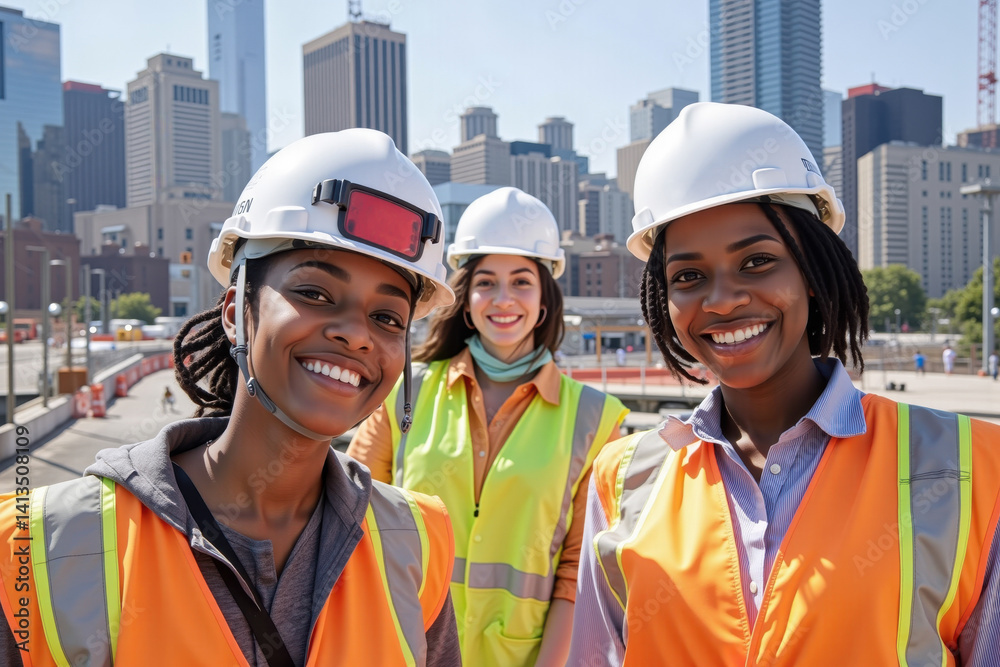 Diverse women engineers smiling at construction site with city skyline in background