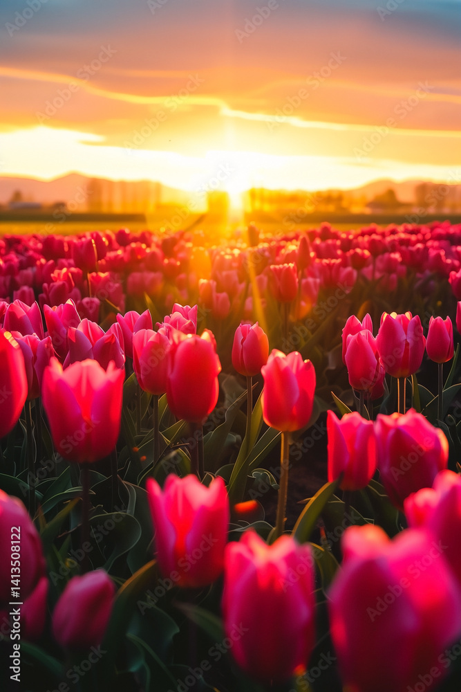 Obraz premium A field of vibrant pink tulips at sunset, their petals catching the golden light, with a picturesque background. Capturing nature's tranquil beauty in this spring scene.