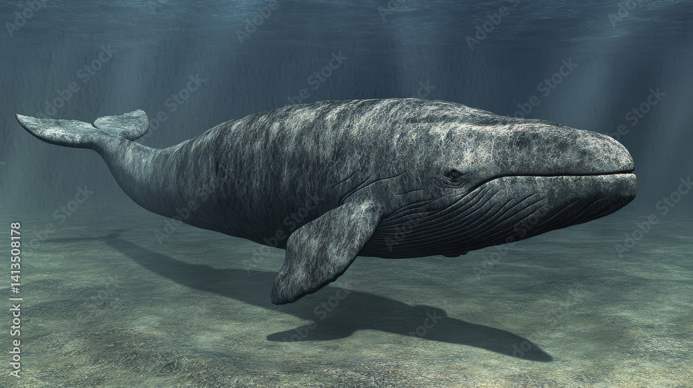 Majestic underwater view of a gray baleen whale swimming in the ocean depths