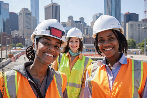 Obraz na płótnie Diverse women engineers smiling at construction site with city skyline in background w salonie