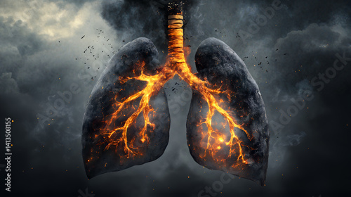 Burning lungs concept: fiery human anatomy symbolizing health risks and environmental impact