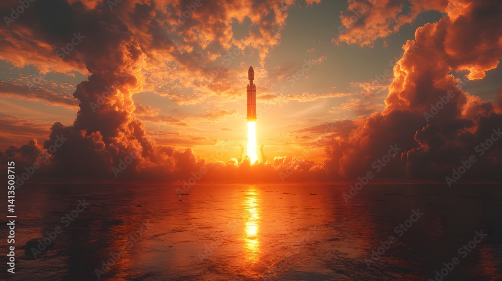 Obraz premium Dramatic space rocket blast off during golden hour, marking human achievement, deep space exploration, and futuristic technology in motion 