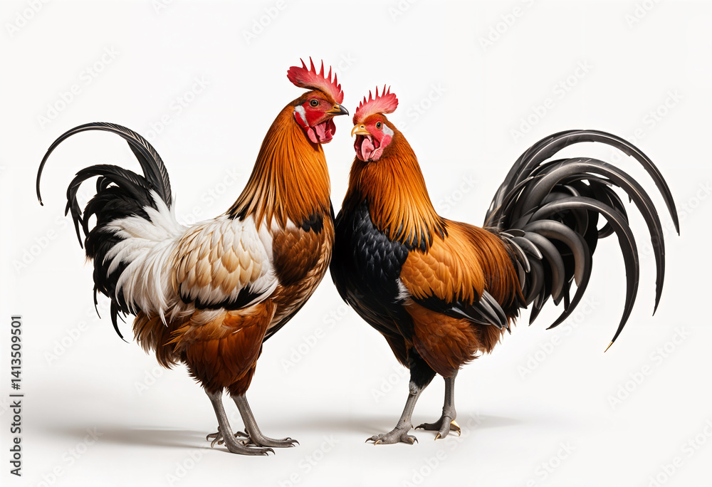 Fototapeta premium Majestic Roosters Displaying Vibrant Feathers on Neutral Background