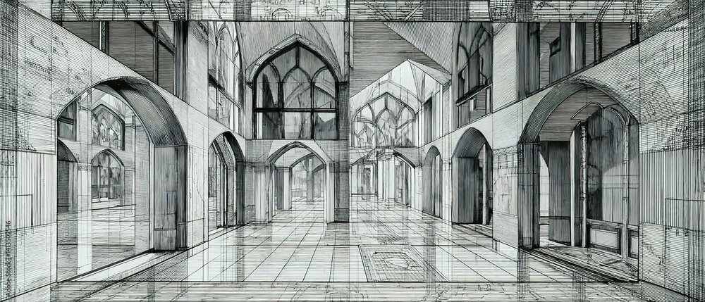 Fototapeta premium Perspective drawing of an arched passageway.