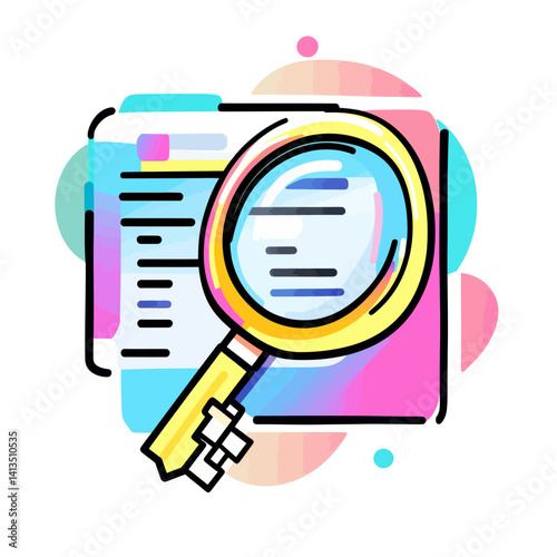 The image of a key positioned under a magnifying glass on a sheet of paper represents keyword research