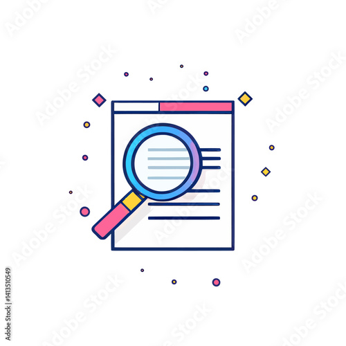 A flat design illustration shows a piece of paper under a magnifying glass, symbolizing the search for a specific article