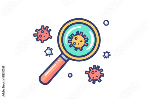 Virus and bacteria are displayed under a modern magnifying glass icon on a white background