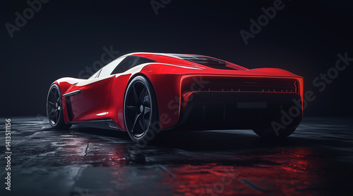 Sleek red sports car in dark luxury setting with moody reflections
