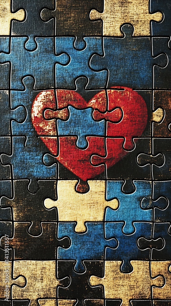 Colorful jigsaw puzzle depicting a red heart over a blue and beige textured background : Generative AI