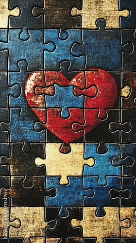 Obraz na płótnie Colorful jigsaw puzzle depicting a red heart over a blue and beige textured background : Generative AI w salonie