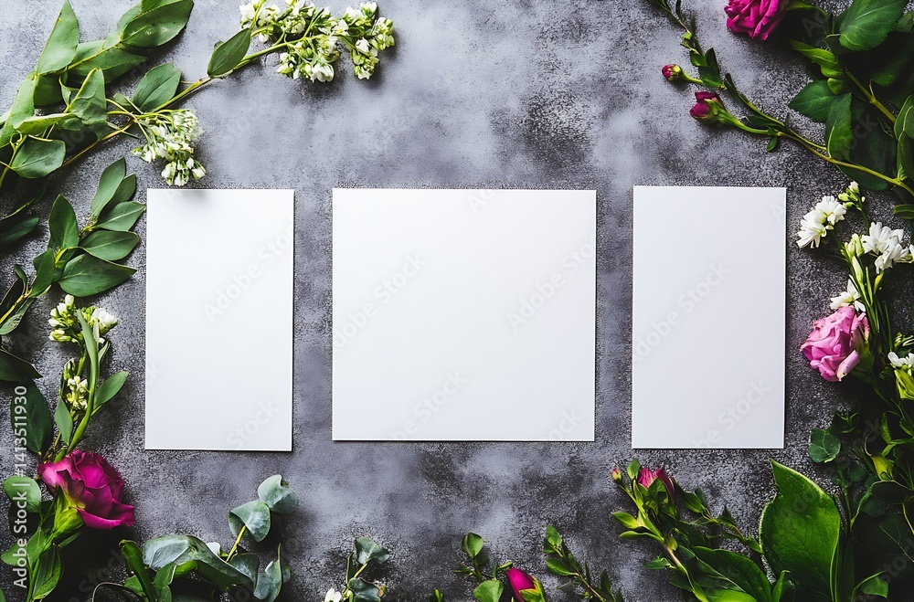 White blank papers surrounded by colorful fresh flowers on a textured background : Generative AI
