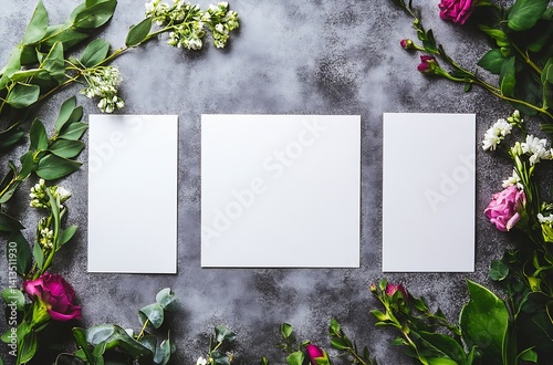Obraz na płótnie White blank papers surrounded by colorful fresh flowers on a textured background : Generative AI w salonie