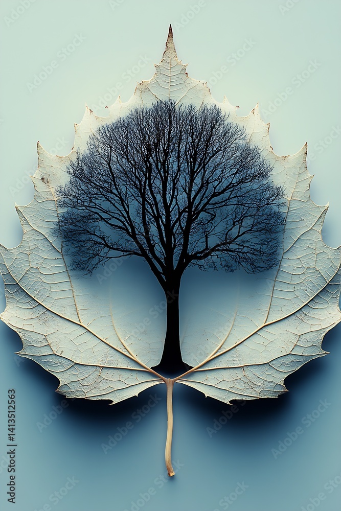 Creative artistic representation of a tree inside a leaf demonstrating nature's beauty and growth : Generative AI