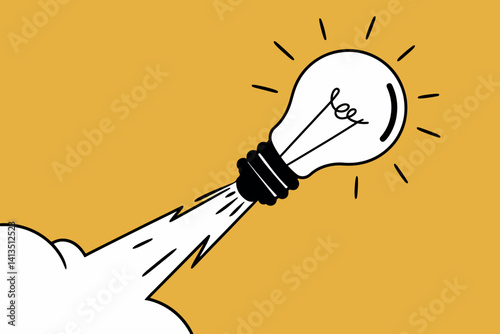 Light bulb taking off like a rocket, idea and startup concept