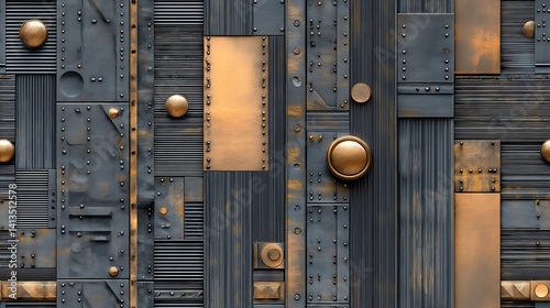 Obraz na płótnie Industrial textured background showcasing a mix of metallic elements in shades of blue and copper for a modern look : Generative AI w salonie