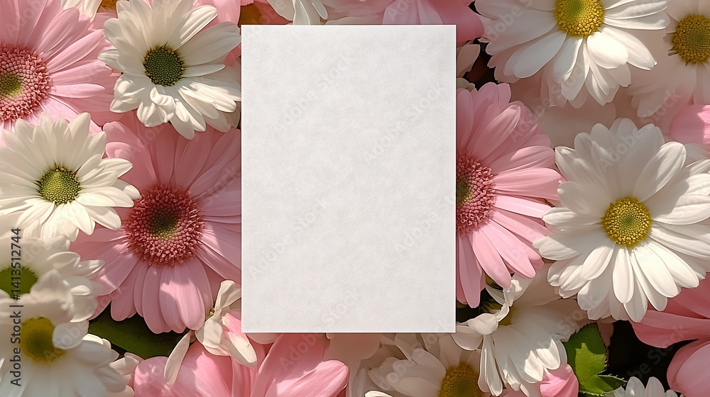 White blank card surrounded by vibrant pink and white daisies creating a floral arrangement for invitations or greetings : Generative AI