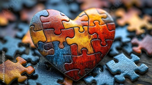 Obraz na płótnie A heart-shaped puzzle on a textured background symbolizing emotions and love in an artistic representation : Generative AI w salonie