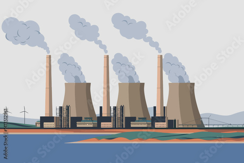 Vector illustration of power station with smoke coming out of chimneys