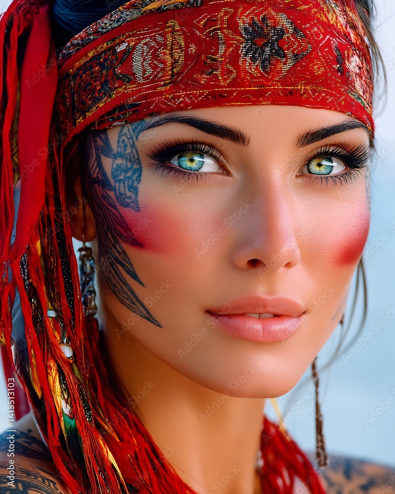 Striking close up portrait of a beautiful woman with intricate face tattoos and blue eyes adorned with red headband : Generative AI