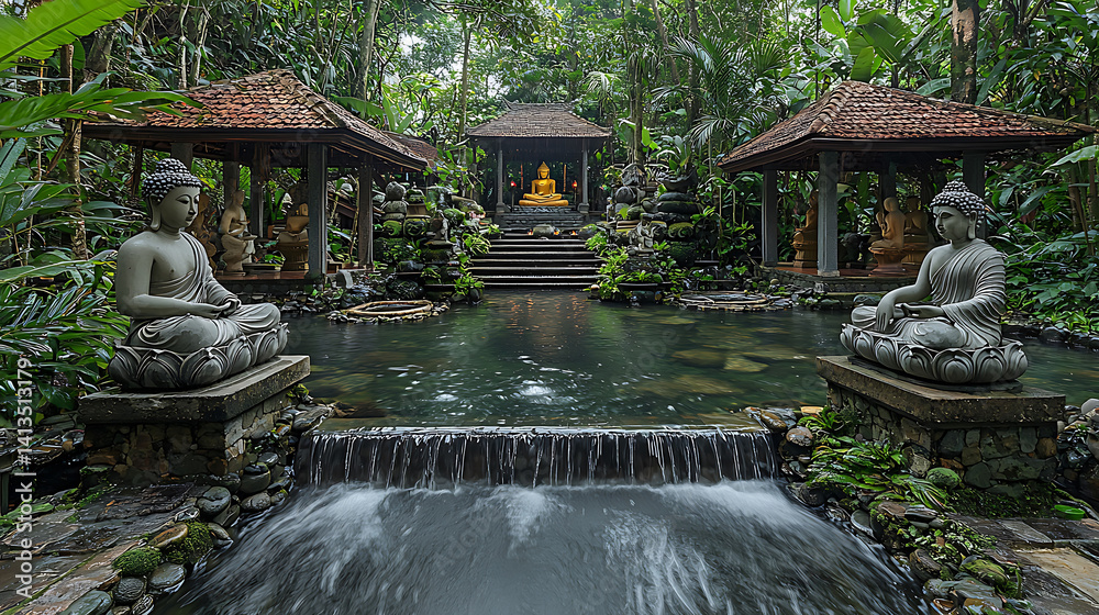 Obraz premium Serene garden sanctuary with Buddha statues around a tranquil pond and traditional Balinese architecture.
