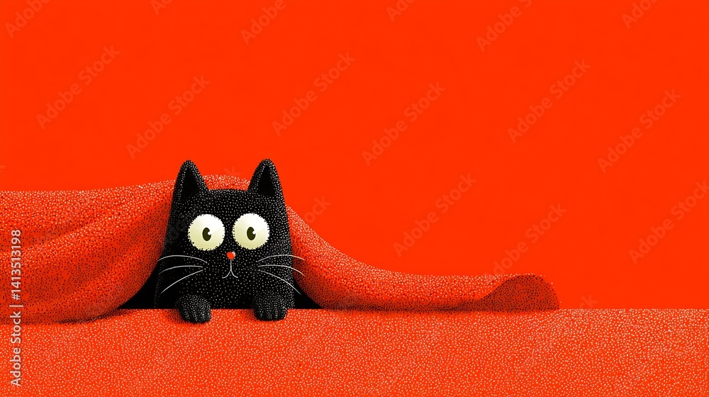 Adorable black cat peeking from under a bright red blanket in a vibrant digital illustration : Generative AI