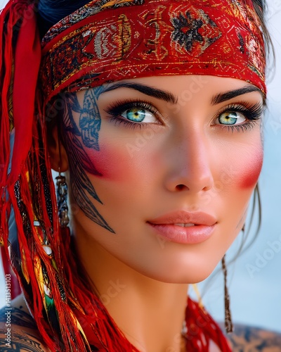 Obraz na płótnie Striking close up portrait of a beautiful woman with intricate face tattoos and blue eyes adorned with red headband : Generative AI w salonie