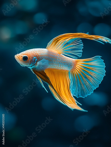 Elegant betta fish with flowing fins colored in gold and white floats against a dark blue blurred background.