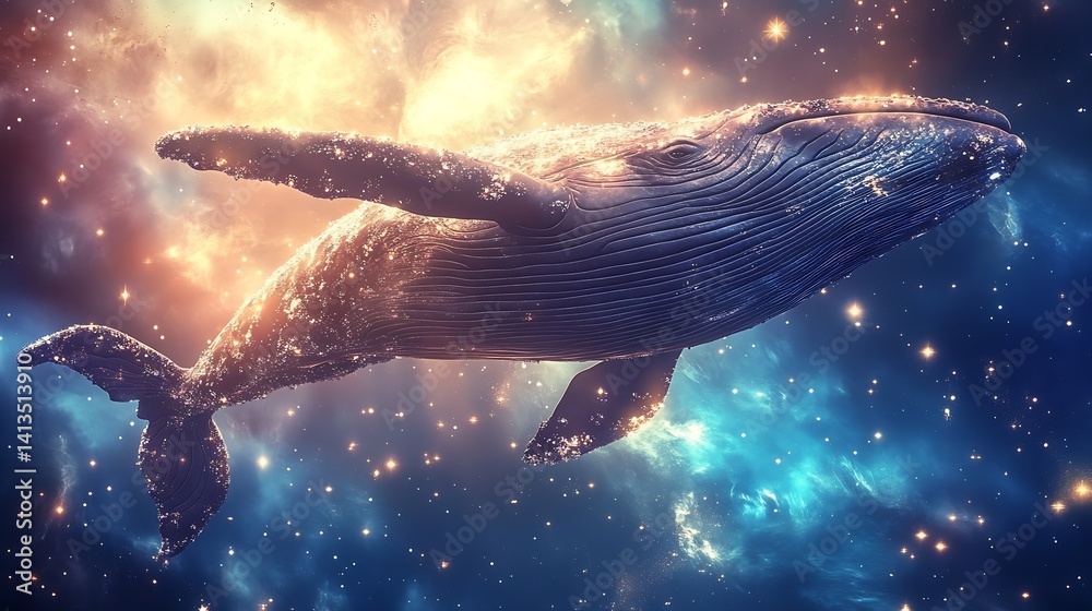 Majestic Blue Whale Swimming Through a Cosmic Galaxy Full of Stars and Planets : Generative AI