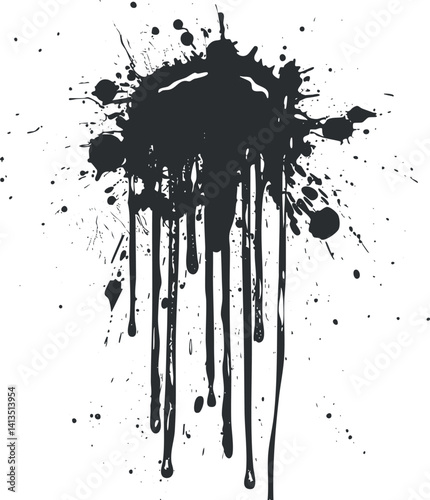 Black ink splash with drips and splatters for creative artistic designs and backgrounds.