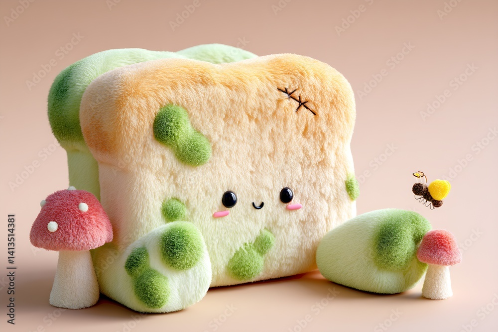 Cute and Quirky Plush Moldy Bread with Happy Smile Surrounded by Adorable Mushrooms : Generative AI