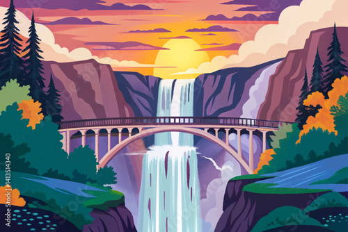 Multnomah Falls OR at sunset time, cartoon design Flat style vector illustration