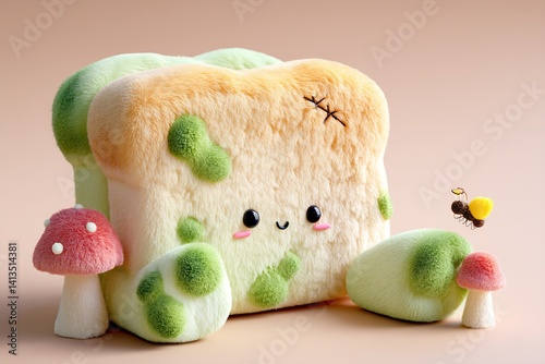 Obraz na płótnie Cute and Quirky Plush Moldy Bread with Happy Smile Surrounded by Adorable Mushrooms : Generative AI w salonie